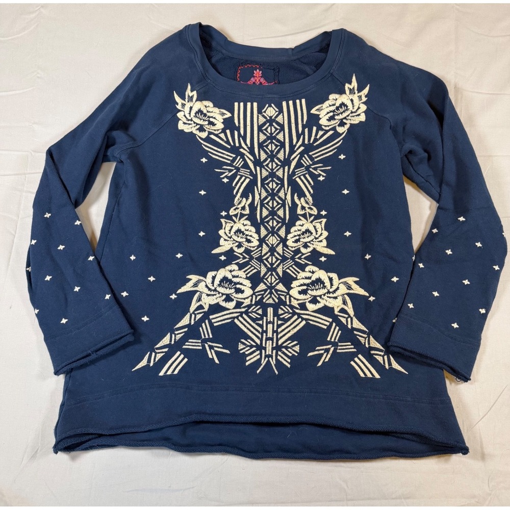 JW Los Angeles by Johnny Was Navy Blue Embroidered Sweatshirt Boho Top Large